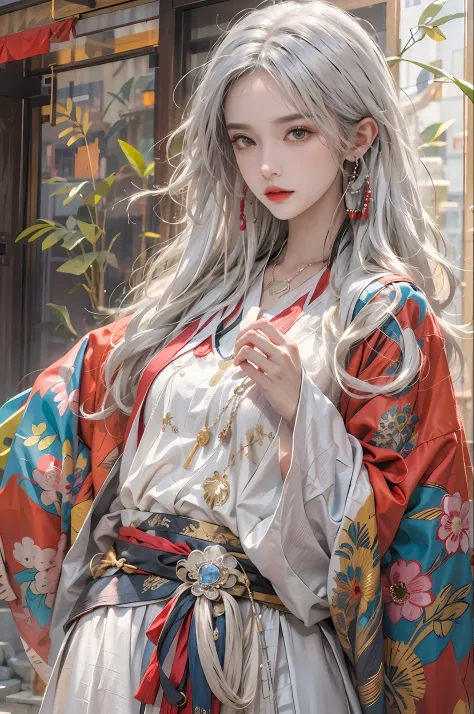 photorealistic, high resolution, 1women, solo, hips up, look at viewer, (detailed face), white hair, long hair, colorful taoist ...