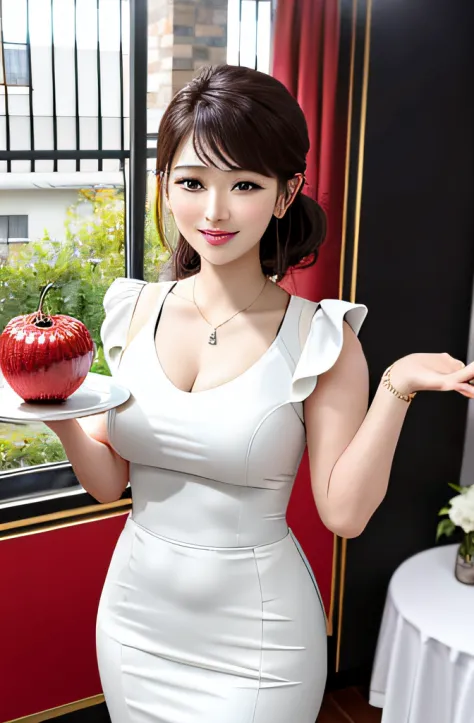 There is a house in Youzi，Inside the house there was a beautiful woman holding a plate full of fresh fruit