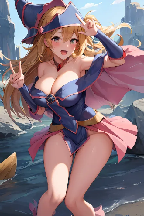 ​masterpiece, top-quality, hight resolution, HMDMG1, Wizard Hat, red blush, blush stickers, cleavage of the breast, bare shoulders​, Sheer dresses, off shoulders, Peace_sign, A smile, open open mouth, tusk, plein air、NSFW