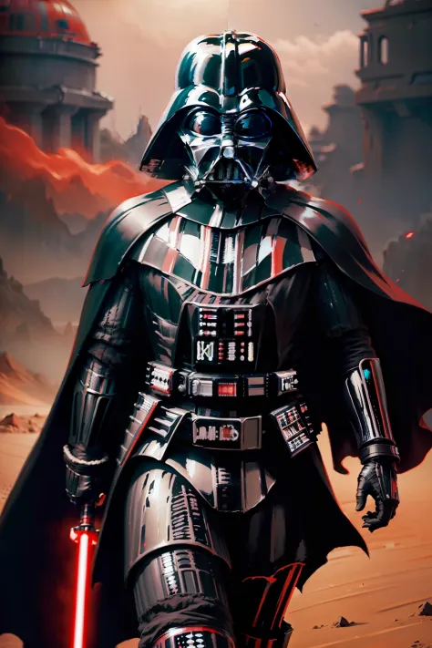(((Darth Vader)))、combat scene、lightsaber、[knifes]、[samurais]、((StarWars))、Fighting wielding a lightsaber、The lightsaber color that Darth Vader has is（reddish）is、Desert-like planet and spaceship in the background、realistic character、1 cut painting