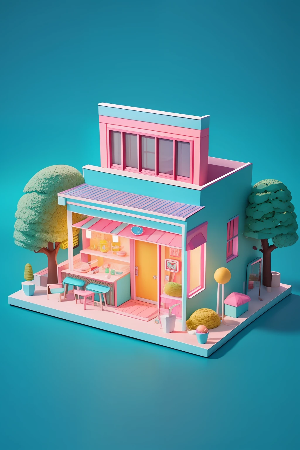 the ice cream shop，3D realism，Cute toy sculpture style，Suhiro Maruo，Pink and amber，k-pop，super detailing，2.5D，isometry，clean backdrop，Fine shine，Popmart blind box，3Drenderingof，C4D，Blender，best qualtiy，Perfect detail --ar 3:4
6、A modern home in a dark city，There is swimming pool and leaf trees，Surrealist pop style，Glowing pastels，Neon style pop art，Ocean punk，Mediterranean style，isometry，clean backdrop，Fine shine，Popmart blind box，3Drenderingof，C4D，Blender，best qualtiy，Perfect detail --ar 3:4