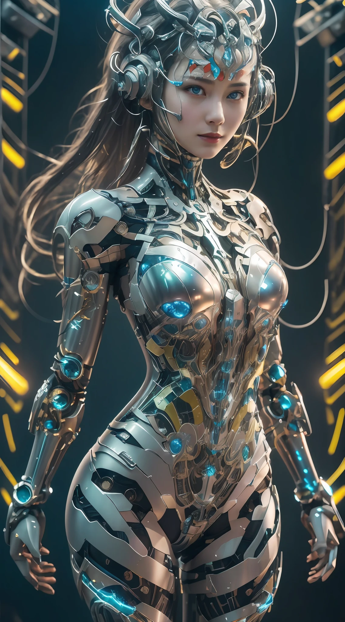 Masterpiece, best quality, super detailed, very detailed illustrations, very detailed, intricate details, high resolution, super complex details, very detailed 8k cg wallpaper, 50MM lens, caustics, reflections, ray tracing, nebulae, dark halos, network effects, (1girl:1.4), solo, alone, mecha musume, mechanical parts, robot joints, single mechanical arm, headgear, mechanical halo, star halo, electric mechanical bodysuit, mecha corset, kimono, full armor, very long hair, white hair, hair between eyes, multicolored hair, blue eyes, glowing eyes, random expression, random action, ancient chinese architecture, starry sky, skyline,