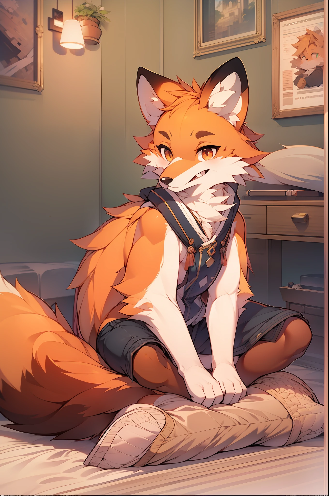 8K, Super detail, ccurate, Best quality，A 16-year-old fox boy sits in his bedroom, There is reddish-orange hair and bright markings. He has a cute drawing style, Rich plush texture, Very delicate fur, animal personification, Fox tail, wearing an outfit, Fox ears, Fox Boy, White, Cute face, Whole body, Looking at the audience，Besticity