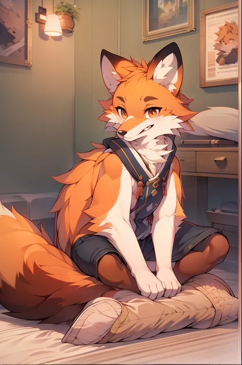 8K, Super detail, ccurate, Best quality，A 16-year-old fox boy sits in his bedroom, There is reddish-orange hair and bright markings. He has a cute drawing style, Rich plush texture, Very delicate fur, animal personification, Fox tail, wearing an outfit, Fo...