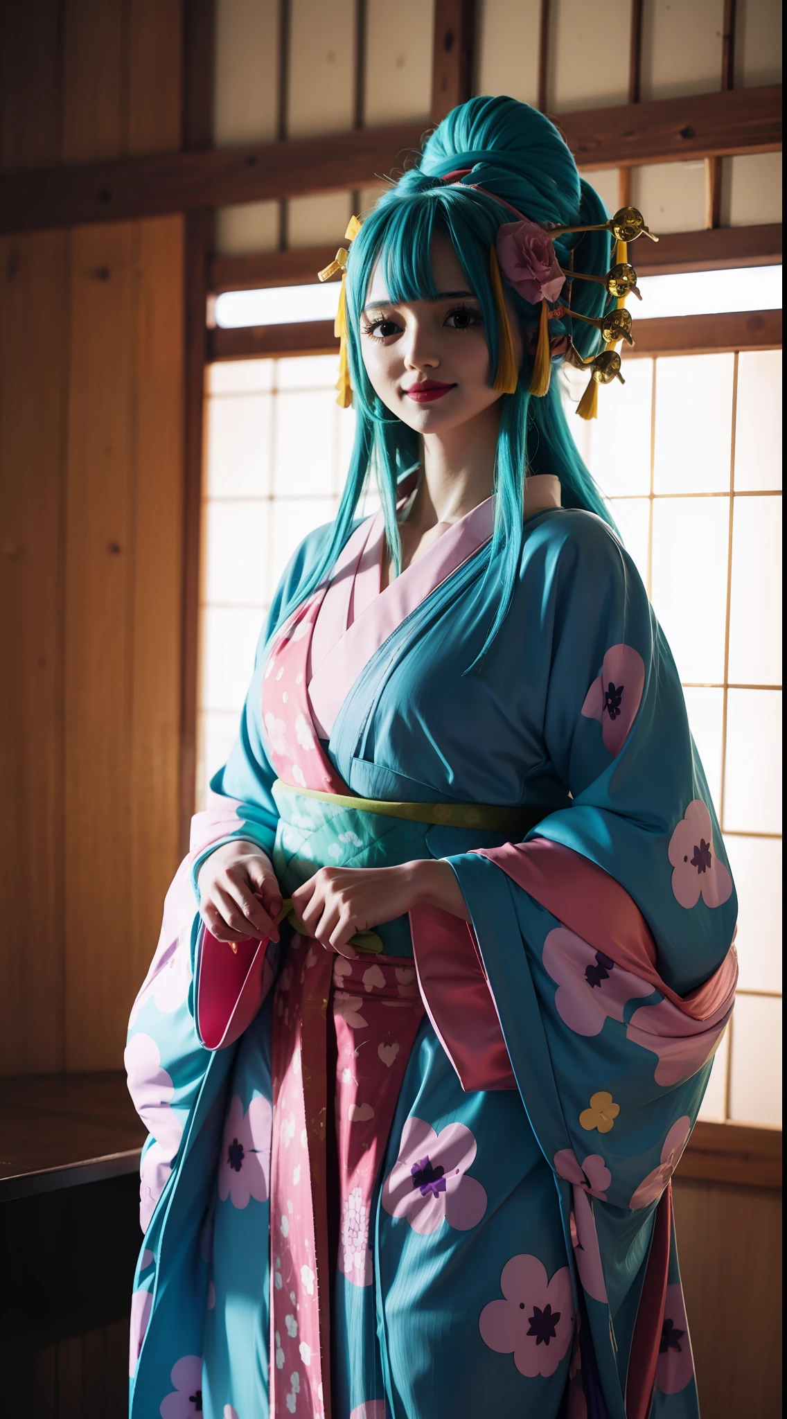 hiyori from anmie one piece, long hair, light blue hair, Japanese style hair tie, wearing a pink kimono, red lips, standing, slightly smiling expression, perfect body, beautiful girl, beautiful.