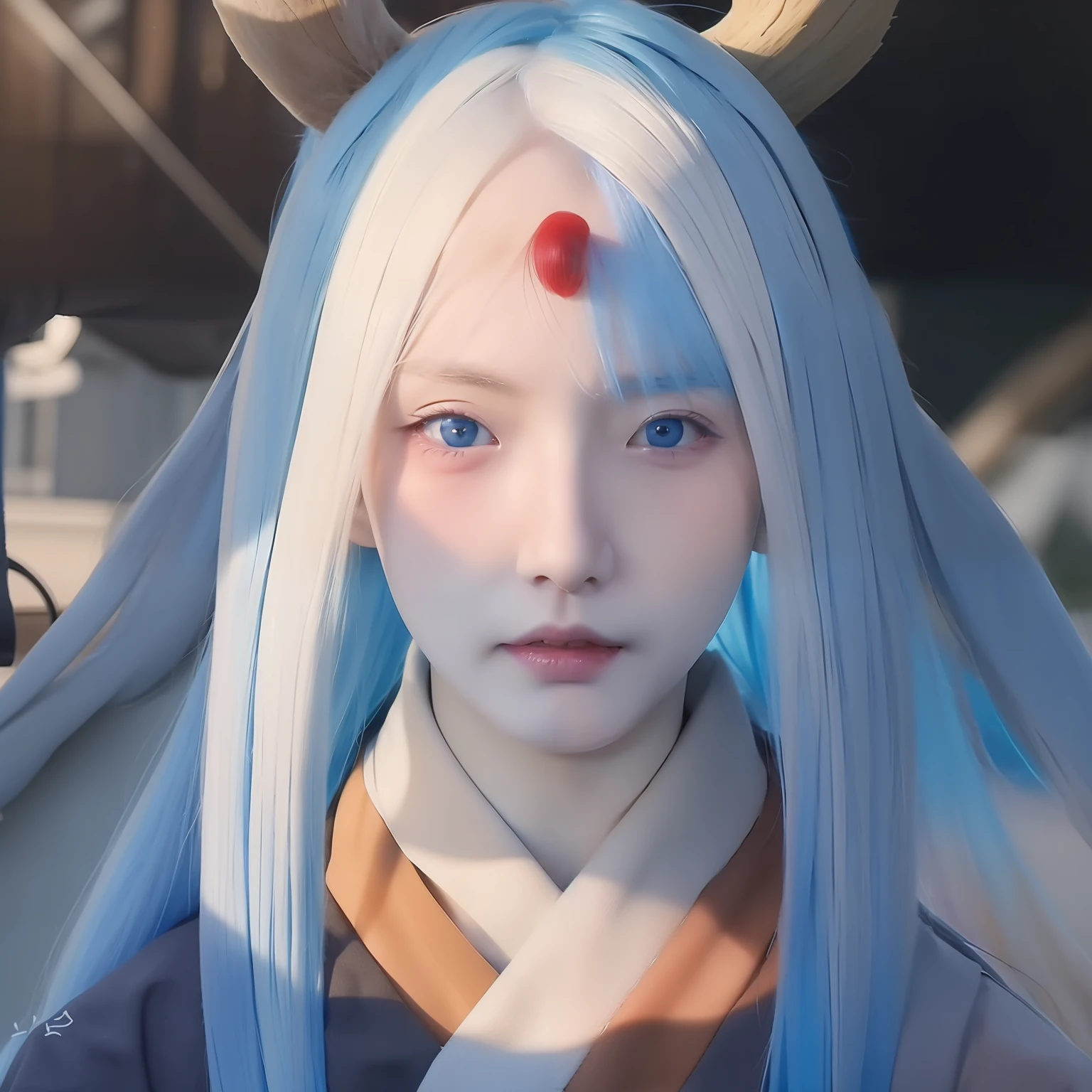 A close up of a person with a goat head and blue hair - SeaArt AI