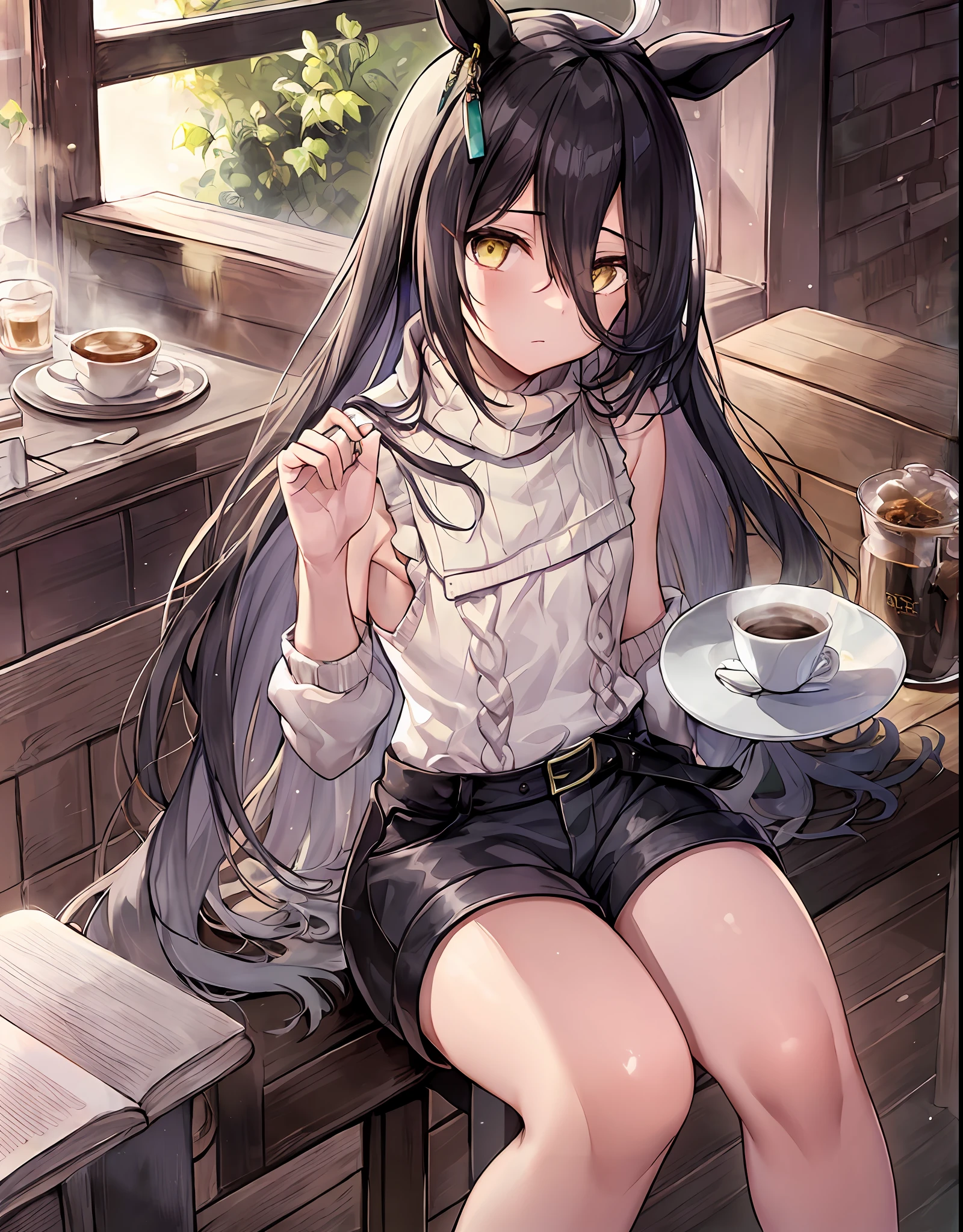 ((​masterpiece)), ((Top image quality)), Full body wide angle,(solo)、Onegirl、manhattan-cafe\(umamusume\)、Light White Ahoge, (Long Black Hair)、thin and long black bangs passing between the eyes,,,,、Yellow eyes without highlights、Horse ears、Horse tail、((((AGalactia))))、(((flat chest)))、off shoulders、((Sleeveless turtleneck sweater))、((hotpants))、Raw feet、tea shop、coffee、date