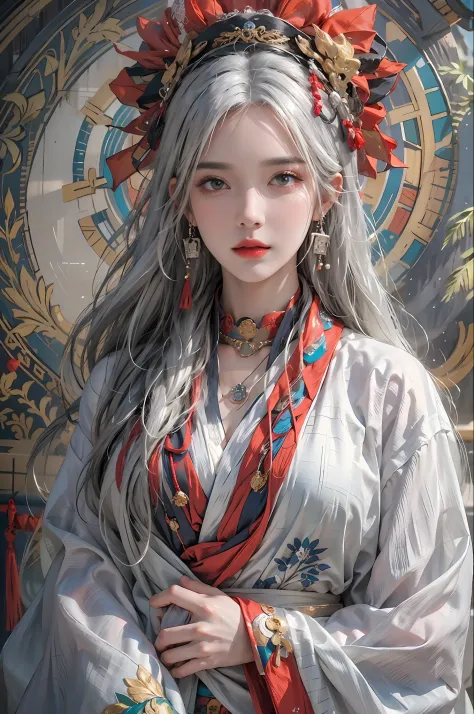 photorealistic, high resolution, 1women, solo, hips up, look at viewer, (detailed face), white hair, long hair, colorful taoist ...