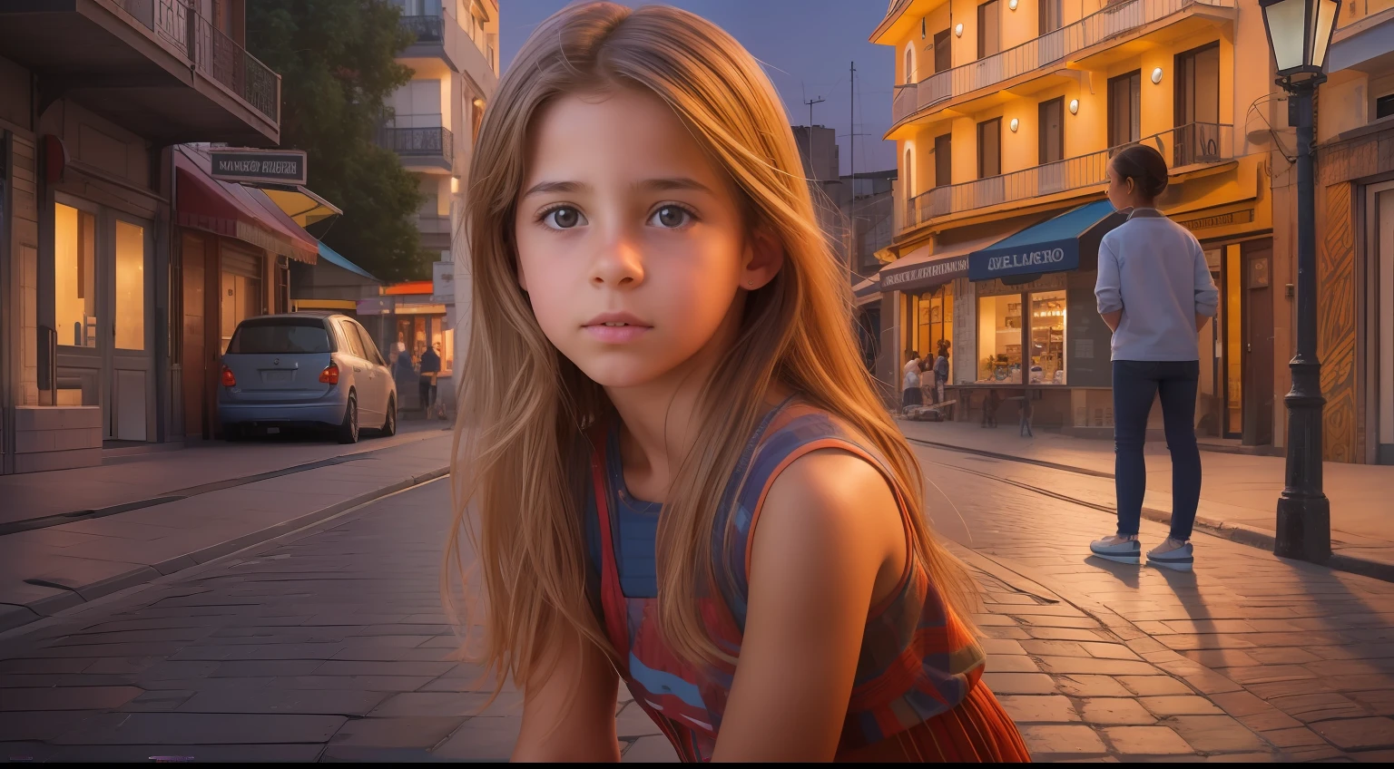 Erstellen Sie ein beeindruckendes hyperrealistisches Bild, das ein faszinierendes 10-jähriges Mädchen aus Uruguay mit authentischen Gesichtszügen zeigt, anmutig vor einem dynamischen und lebendigen Blick auf die Straße am Abend positioniert.