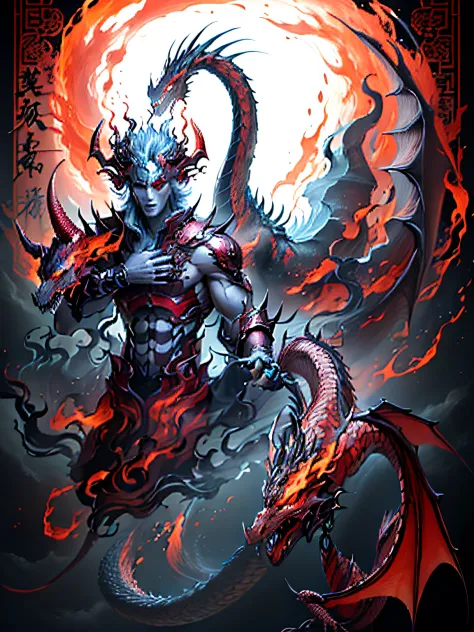 There is a painting of dragons and demons on a black background, human and dragon fusion, Suitable for the banshee of the red horn, Male Shinigami, Japanese demon boy, Flame，Human body with dragon features, Detailed fanart, author：Ni Zan, full color drawin...