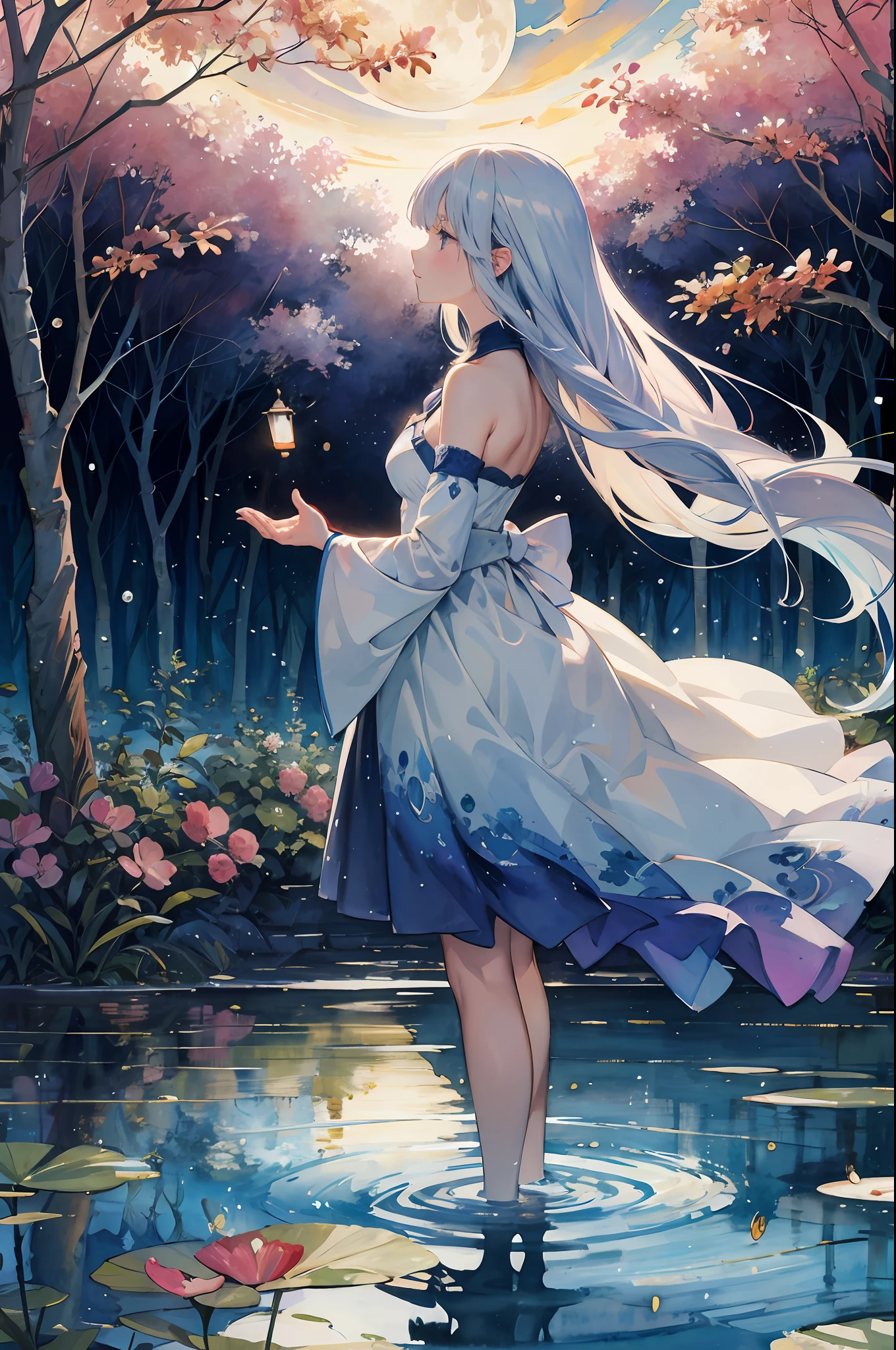 (Masterpiece, Top quality, Best quality,aquarelle (mediating),offcial art, Beautiful and aesthetic:1.2),1girll, dress, Moon, Solo, standing, Bubble, profile, Silhouette, water, Reflection, Long hair, Very long hair, hair adornments, White dress, Bare shoulders, Detached sleeves, Blue hair, From the side Side, full bodyesbian, Wide sleeves, White hair