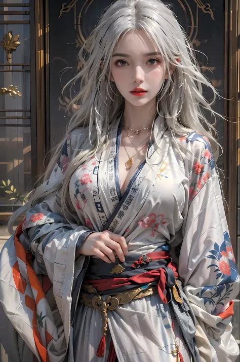 photorealistic, high resolution, 1women, solo, hips up, look at viewer, (detailed face), white hair, long hair, colorful taoist ...