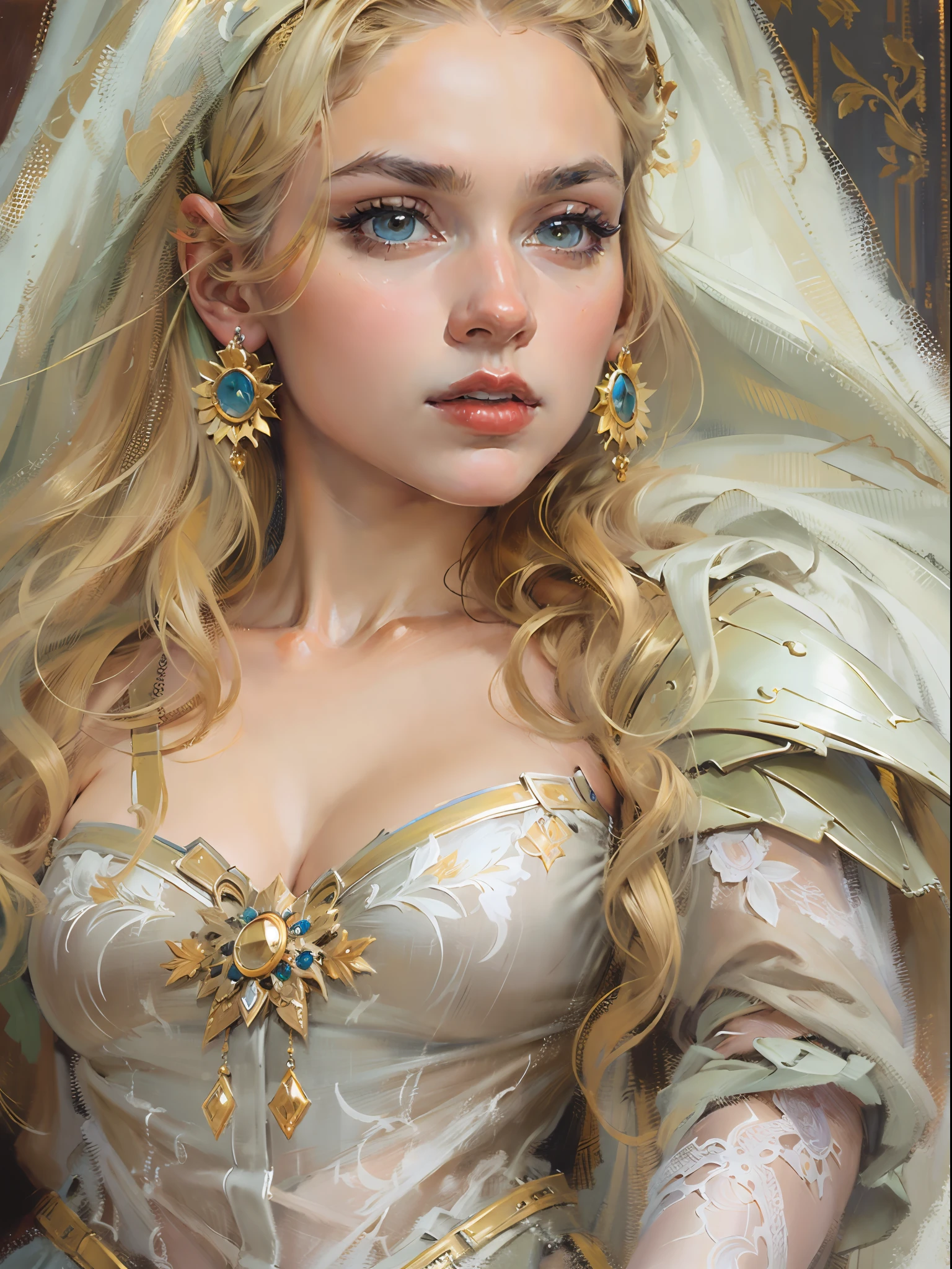 Modern beauty，Gorgeous costumes，portraitures，oil painted，tmasterpiece，Renaissance style，best qualtiy，A high resolution，super-fine，Eyes detailed，Face detailed，The eyes are sharply focused