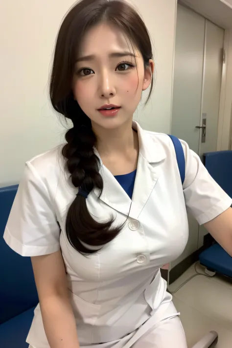 In a hospital，Pure white nurse uniform，eye closeds，huge tit，staredown，at work ，Very excited，Suffocating，Can't breathe，climaxing，...