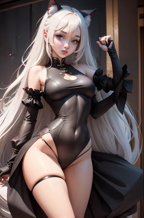 A 26-year-old girl，Two-dimensional style，Bigchest，Two legs，比基尼，long whitr hair，blacksilk，cat ear