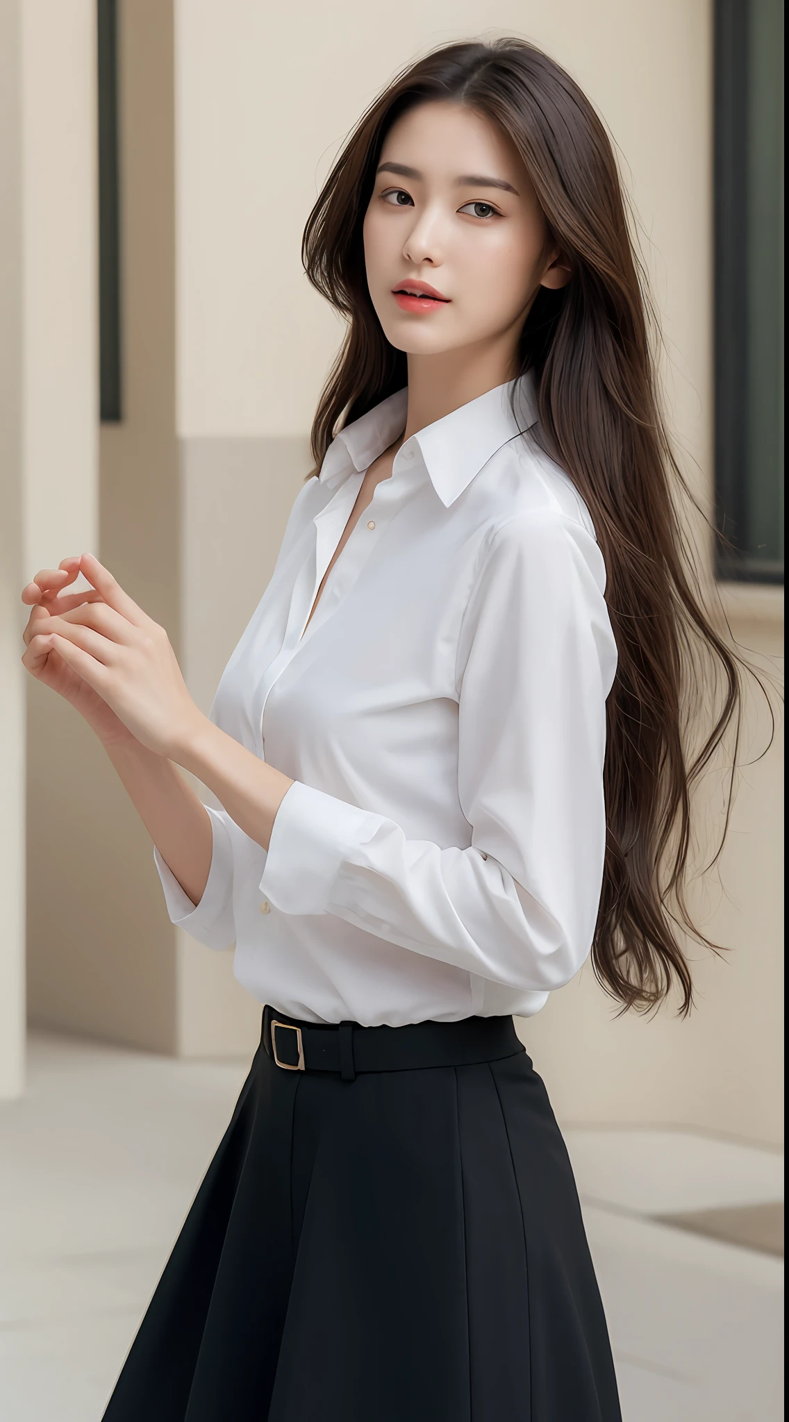 (top quality, high resolution, masterpiece: 1.3), tall and pretty woman, slender abs, dark brown hair styled with loose waves, chest, wearing pendant, white button-up shirt, belt, black skirt, (modern architecture in background), exquisitely rendered details on face and skin texture, detailed eyes, double eyelids, no bra, shirt fitted to bare skin, from above