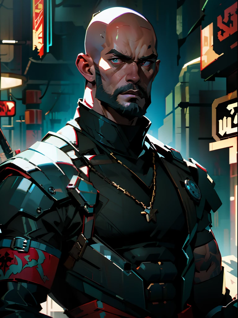 ((great details)) , Muscular 35-year-old cyberpunk warrior man, wide shoulders, in the style of Simon Beasley for the cover of Heavy Metal magazine, extremely short hair, overgrown bald head, A lot of dad, ciberpunk, Military clothing;, Cyberpunk clothes,