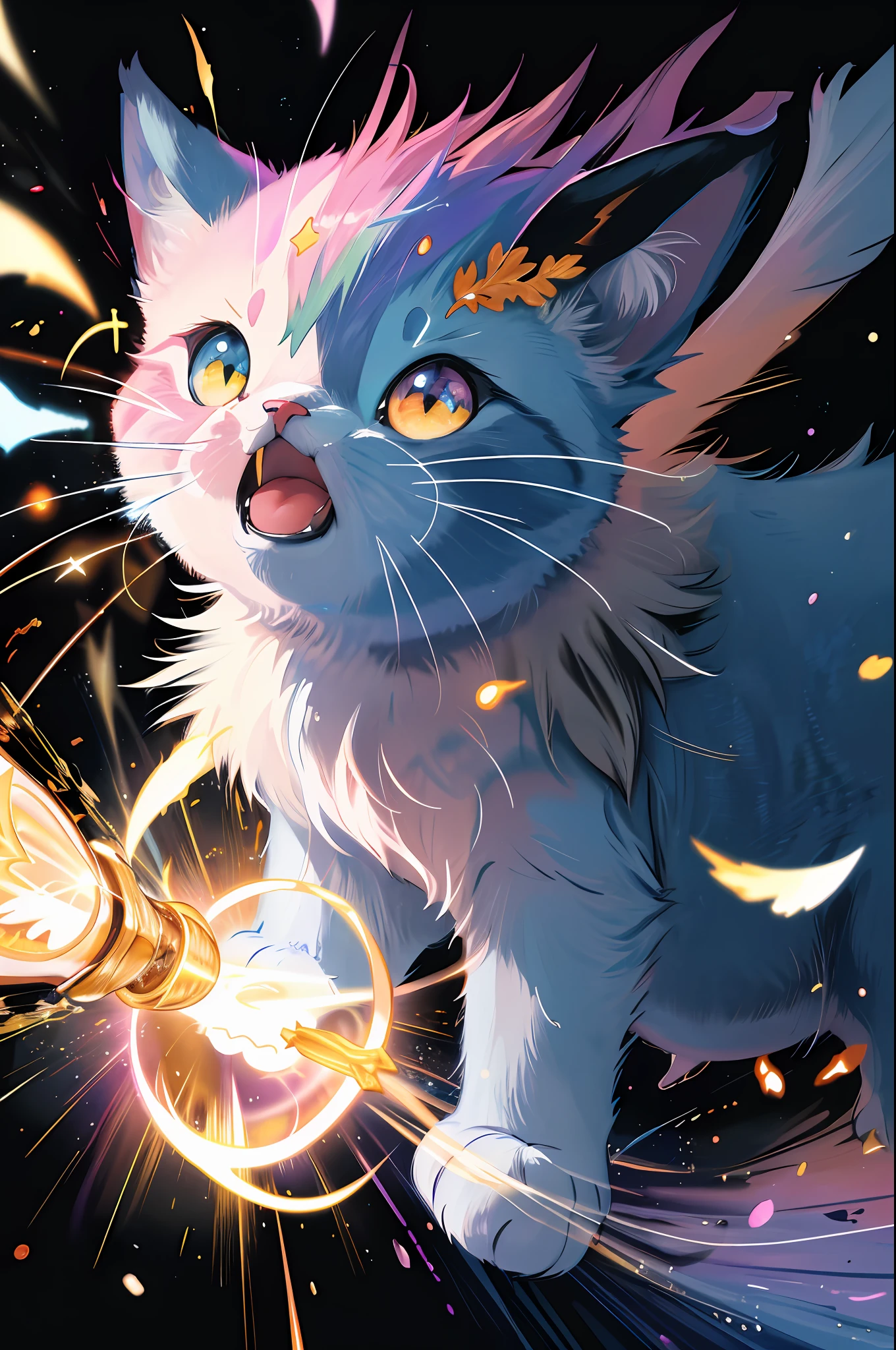 a painting of colored umabaleia on a black background,, breathtaking rendering, within a radiant connection, inspired by Kinuko Y. Craft,, magical elements, kitten icon, wow, is beautiful, casting a multi colorful spell, bright flash, flash