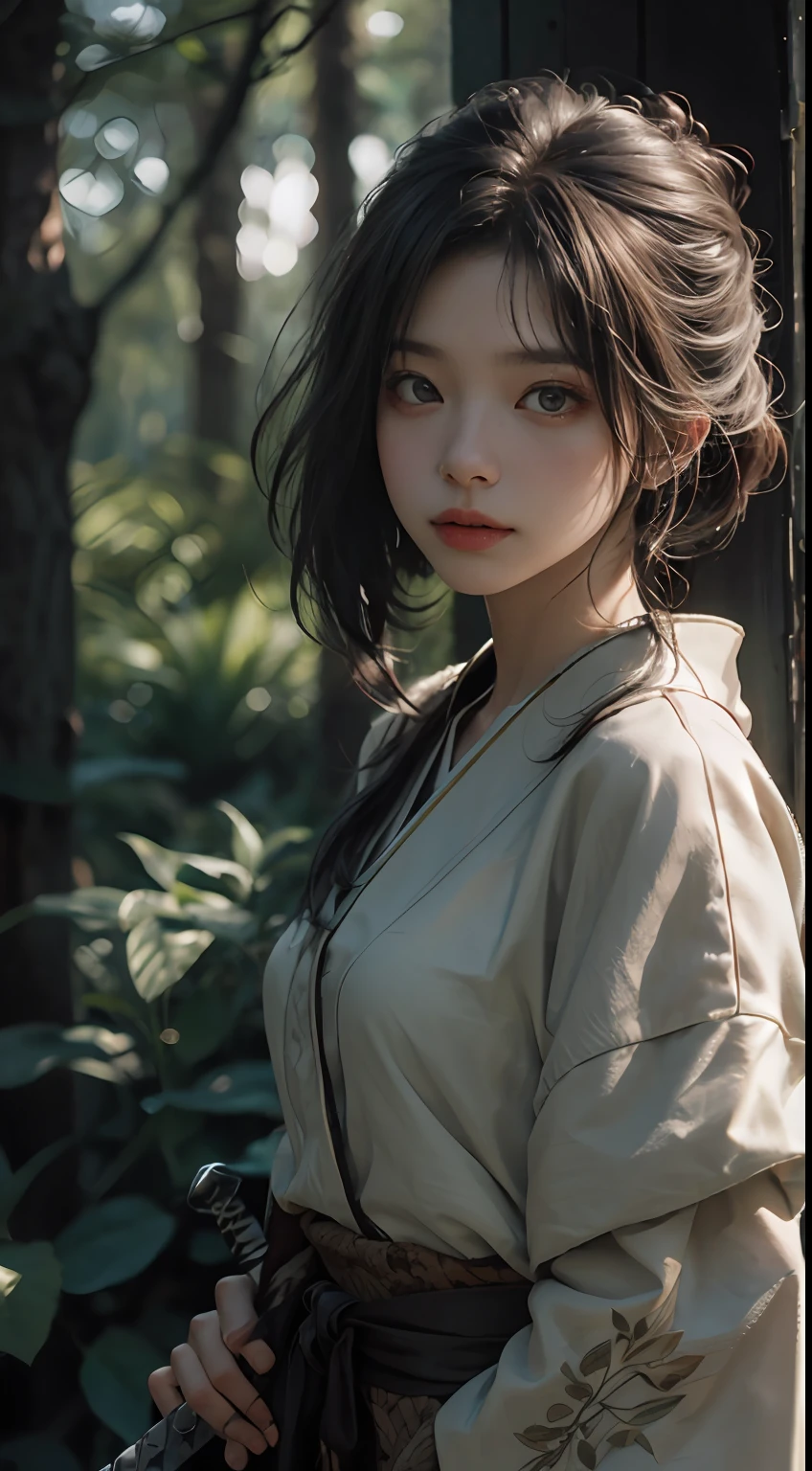 Forests，Hillside，shush，Rustic，high definition detail、Ultra-Details、dishevled hair、Japan have a sword、cinematic lig、surrealistic、Soft light、Deep field focus bokeh、