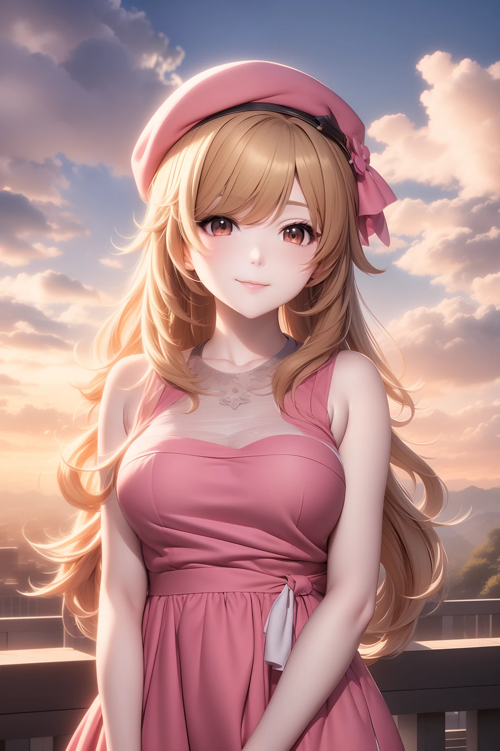 anime girl with pink hat and pink dress in front of a cloudy sky, anime style 4 k, beautiful anime portrait, fluffy pink anime clouds, detailed digital anime art, anime style portrait, detailed portrait of anime girl, artwork in the style of guweiz, anime art wallpaper 4 k, anime art wallpaper 4k, portrait anime girl, digital anime illustration