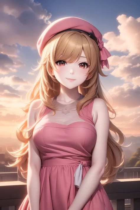 anime girl with pink hat and pink dress in front of a cloudy sky, anime style 4 k, beautiful anime portrait, fluffy pink anime c...