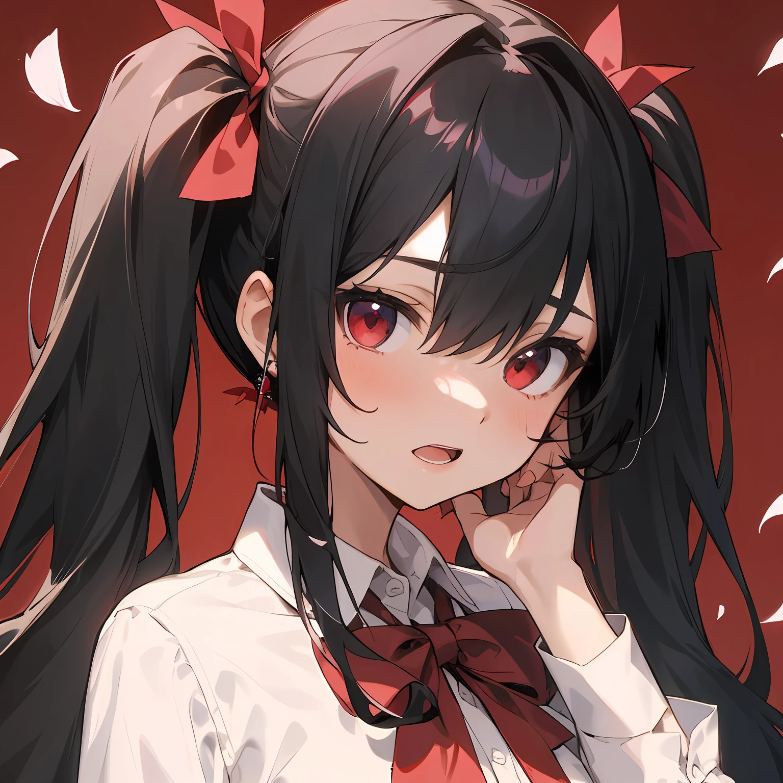 (masterpiece, best quality),a girl, solo, twintails, shirt, skirt, petals, bowtie, earrings, jewelry, bangs, black hair, hair ornament, hair ribbon, red ribbon, red eyes, long hair, open mouth, white shirt, multicolored hair, black skirt, red hair, long sleeves, pink bowtie, hair between eyes, looking at viewer, collared shirt, upper body, hand up, falling petals, depth of field, strong bloom, red background