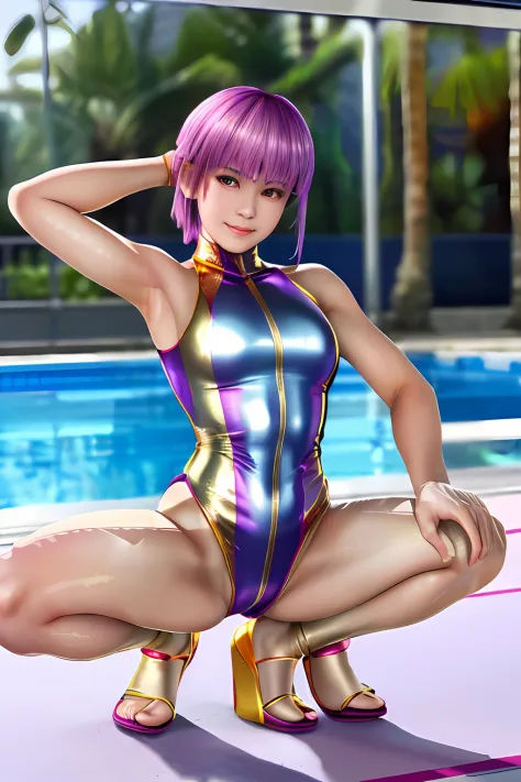 Top image quality、top-quality、8K picture quality、1girll、full body Esbian、Ayane、A smile、embarrassed from、red blush、Beautiful fece、Bright purple hair、(Gold Metallic:1.4)、(Sleeveless)、(High neck competitive swimsuit)、(highleg)、(Crotch penetration)、(pin heels)...