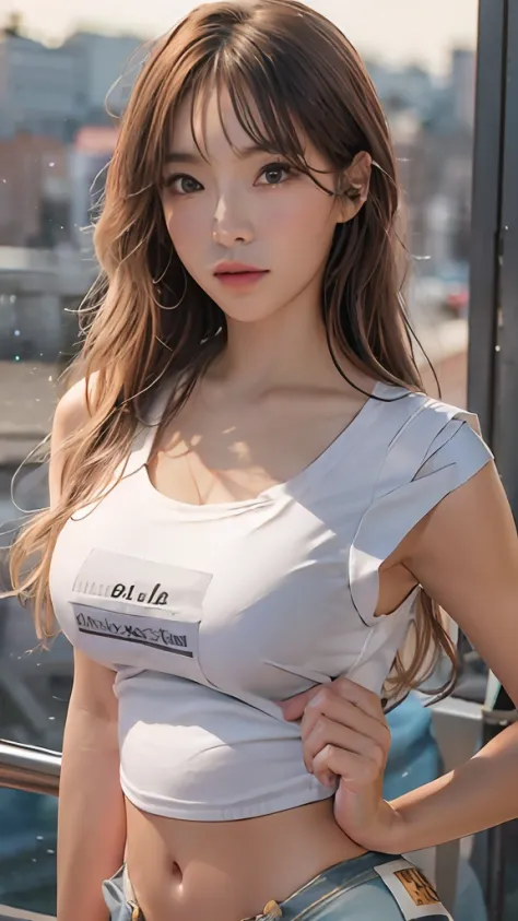 best quality, photorealistic, 8k, high res, 1girl, woman, (skindentation), (portrait:0.6), gorgeous, ((cityscapeebackground:1.6)), ((smallsize round breast, denim pants and sleeveless white tshirt:1.98)), straight-looking at viewer:1.8, (1girl eyes looking...