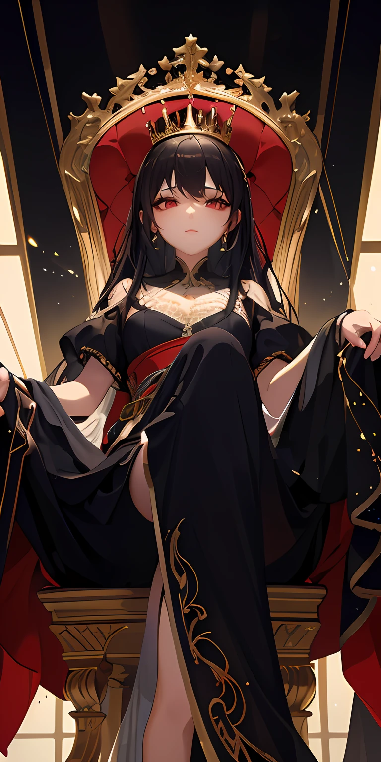 Anime-Stil Bild einer Frau in einem schwarzen Kleid auf einem Thron sitzend, in dunklen Gewändern mit goldenen Akzenten, ((eine wunderschöne Fantasiekaiserin)), guweiz, von Yang J, eine wunderschöne Fantasiekaiserin, Ganzkörper-Xianxia, Anime-Göttin, auf ihrem Thron sitzend, Von Arknights, Keqing aus Genshin Impact, xianxia