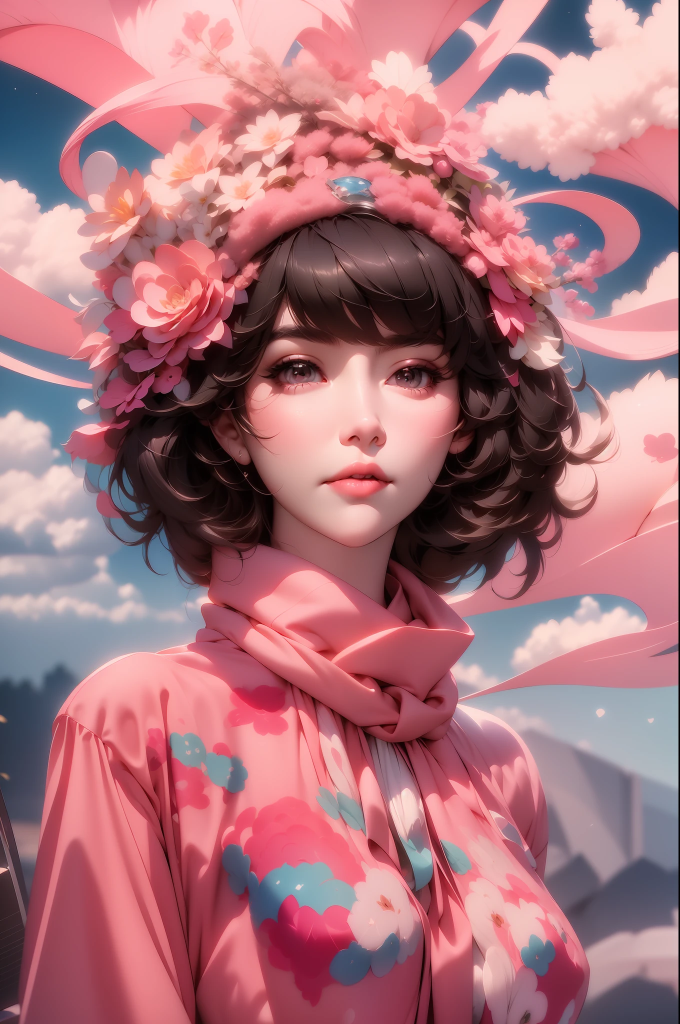 anime girl with pink hat and pink dress in front of a cloudy sky, anime style 4 k, beautiful anime portrait, fluffy pink anime clouds, detailed digital anime art, anime style portrait, detailed portrait of anime girl, artwork in the style of guweiz, anime art wallpaper 4 k, anime art wallpaper 4k, portrait anime girl, digital anime illustration