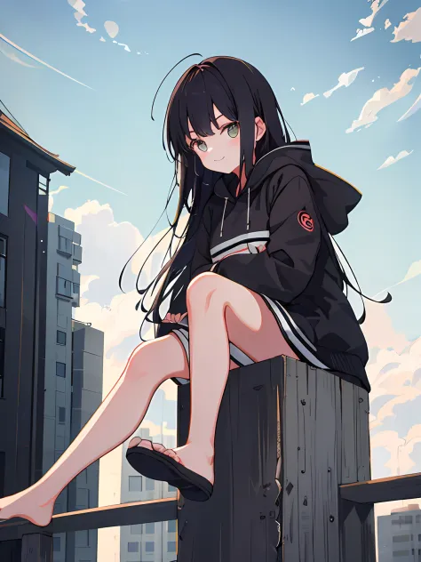 1girl in、A dark-haired、Long、beautiful hairl、On top of the building、Sit up、Throwing out your legs、meek、discret smile、parka、short trousers、beatiful backgrounds、girl with、full bodyesbian、natta、Buildings