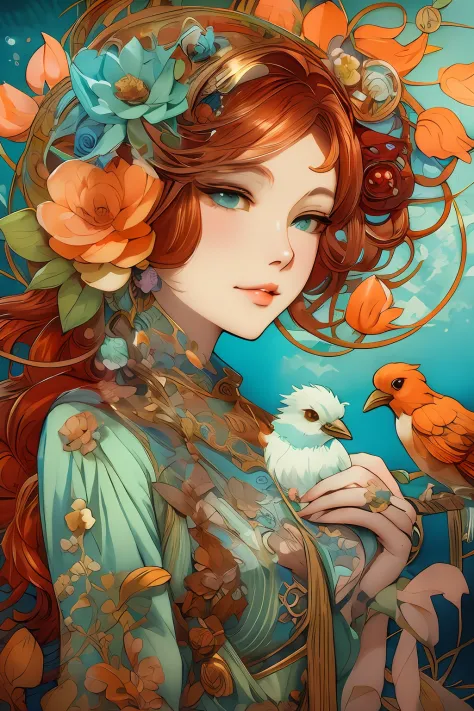 anime girl with bird and flowers in her hair, a beautiful artwork illustration, anime art nouveau, mucha style 4k, exquisite dig...