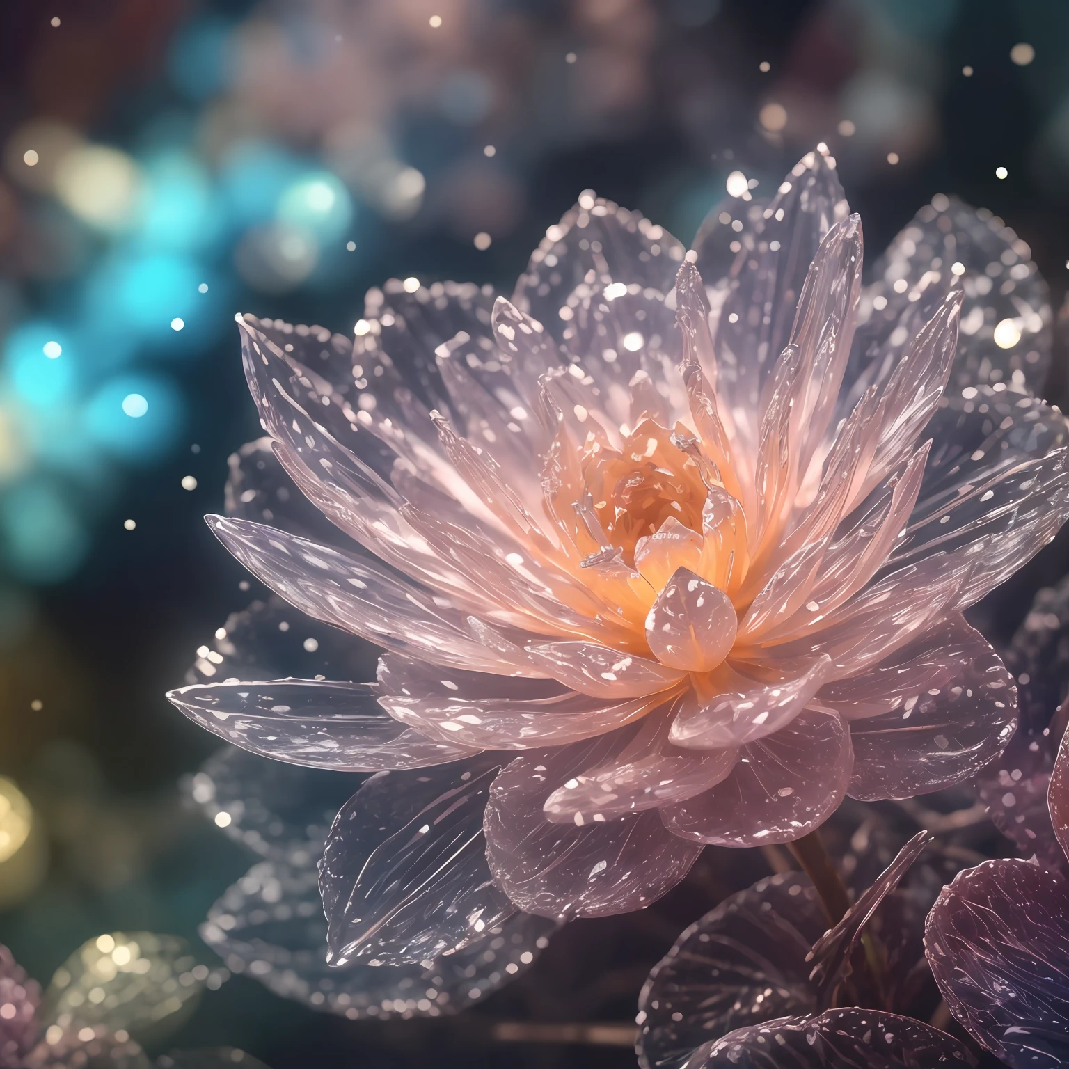 crystal blossom flower,
fantasy, galaxy, transparent, 
shimmering, sparkling, splendid, colorful, 
magical photography, dramatic lighting, photo realism, ultra-detailed, 4k, Depth of field, High-resolution