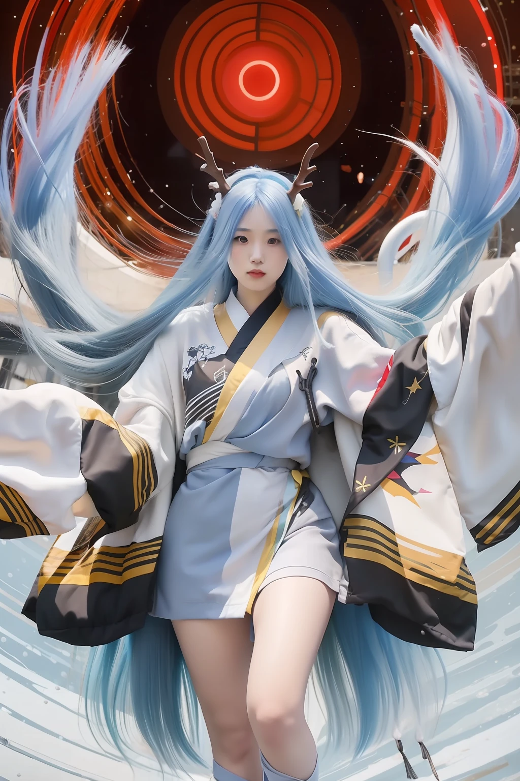 A woman with blue hair and a white dress is posing - SeaArt AI