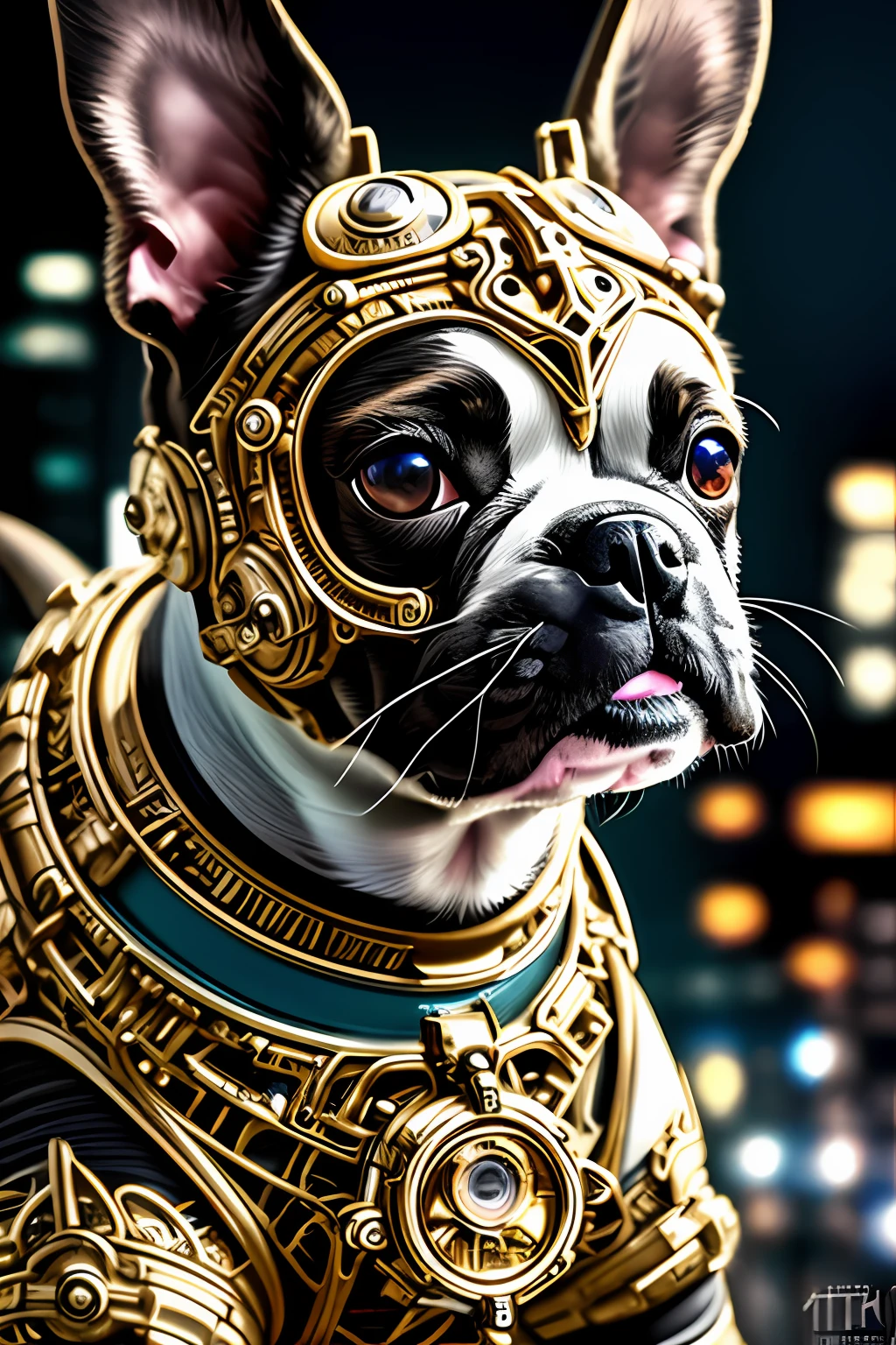 lente macro, um lindo cachorrinho tigrado Boston Terrier feito de metal, ciborgue, estilo ciberpunk, ((Detalhes intrincados)), hdr, ((Detalhes intrincados, hiperdetalhado)), tomada cinematográfica, vinheta, perfeito (((rosto lindo))), altamente detalhado, intricado