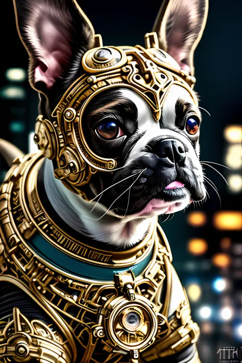macro lens, a cute brindle Boston Terrier puppy made out of metal, cyborg, cyberpunk style, ((intricate details)), hdr, ((intric...