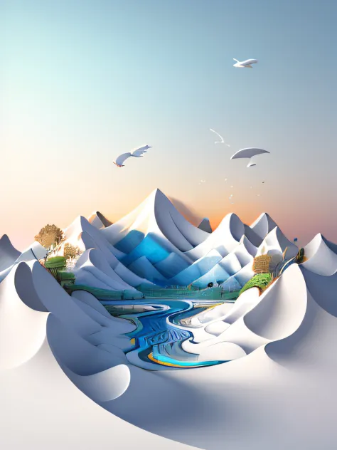 Traditional Chinese landscape painting, paper creation, 3D stereoscopic rendering, color gradient from white to light blue, 4K resolution, simple and natural composition, :white background, fresh and vulgar style. (:nature:)