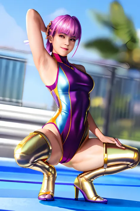 Top image quality、top-quality、8K picture quality、1girll、full body Esbian、Ayane、A smile、embarrassed from、red blush、Beautiful fece、Bright purple hair、(Gold Metallic:1.4)、(Sleeveless)、(High neck competitive swimsuit)、(highleg)、(Crotch penetration)、(pin heels)...