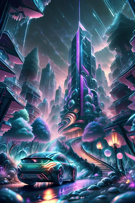 Create a captivating and relaxing futuristic scene in a 1,152 x 2,048 pixel image. In the center, a vibrant cityscape thrives wi...