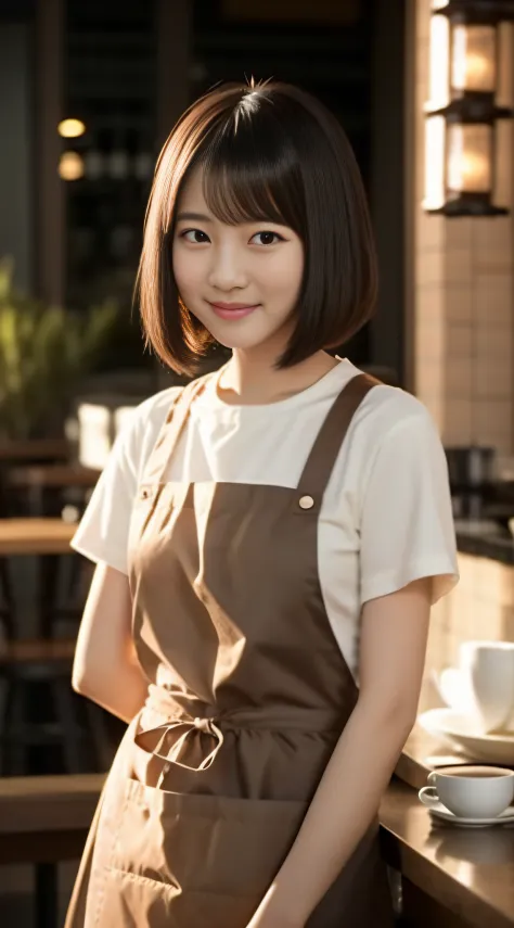 High Detail, Sharp focus, dramatic, photorealistic, hyper realistic, a long bob cut girl [with a warm smile:0.8] working at a cozy coffee shop, wearing a black apron and a white shirt, at dusk, with depth of field, light rays, (light particles:0.9), and so...