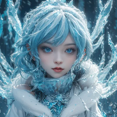 (((1girll)))，（Perfect facial features：1.4），icey，ice wings，Splashed liquid，Wavy liquid，airbubble，standing on water，wave，Blue glow，（Frost wings），(((Powerful ice magic)))，(((Icicles)))，Towering over the landscape，Blue light cold light，(((Ice storms)))，Wind，((...