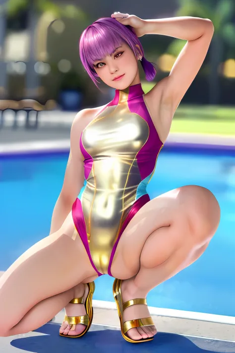 Top image quality、top-quality、8K picture quality、1girll、full body Esbian、Ayane、annoyed face、embarrassed from、red blush、Beautiful fece、Bright purple hair、(Gold Metallic:1.4)、(Sleeveless)、(High neck competitive swimsuit)、(highleg)、(Crotch penetration)、(pin h...