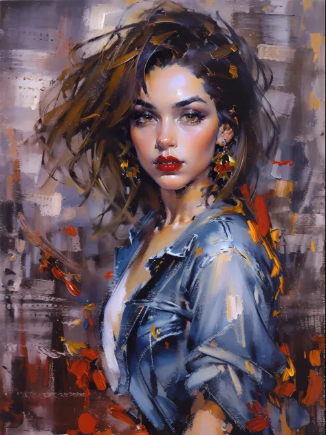 Modern urban beauty，Denim skirt，Sexy and attractive red lips，portraitures，oil painted，inks，acrycle painting，tmasterpiece，Renaiss...