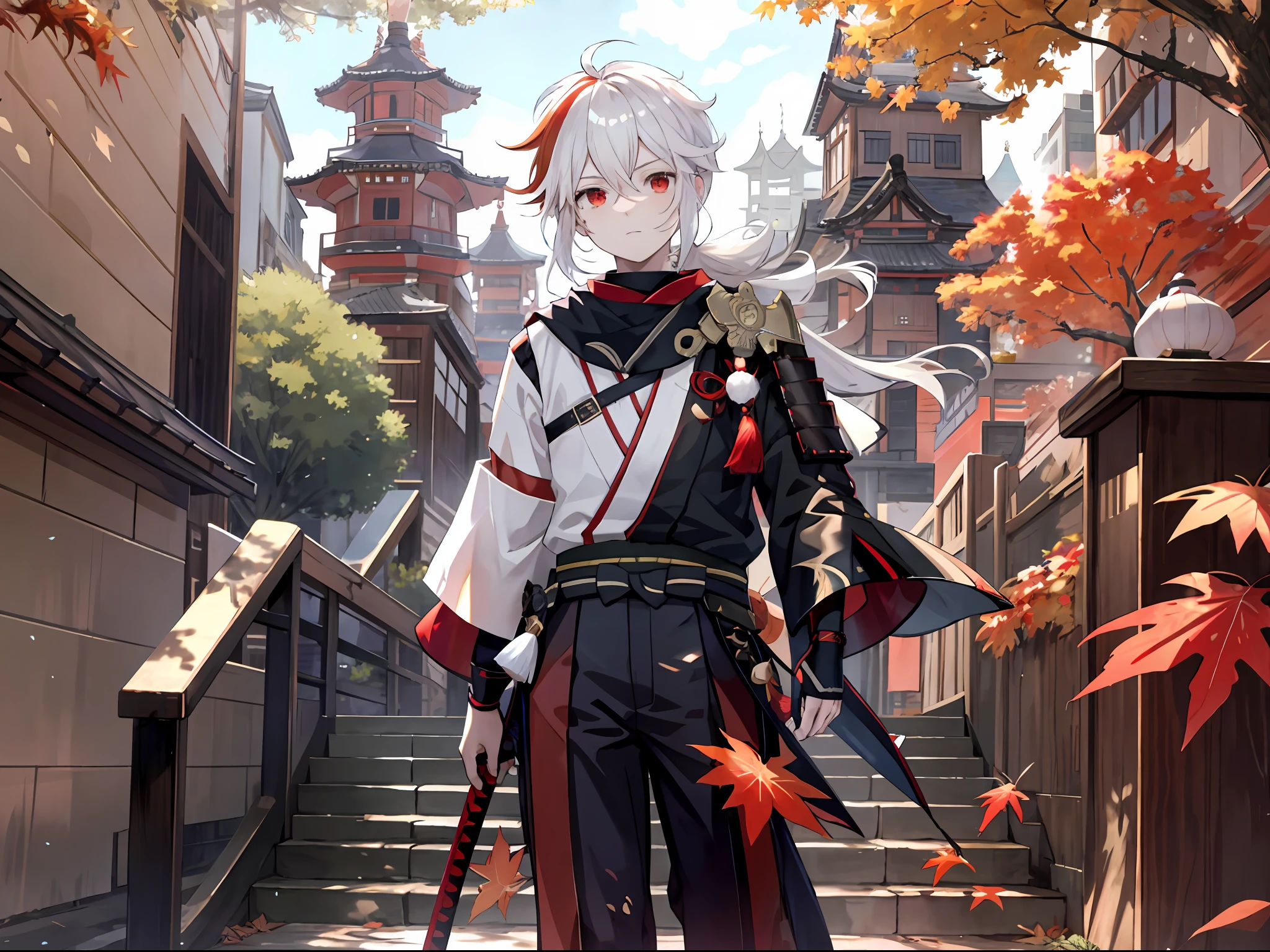 masterpiece, best quality, maple manyo, male focus, 1boy, solo, red eyes, bangs, multicolored hair, japanese clothes, striped hair, red hair, hair between the eyes, weapon, sword, armor, japanese armor, white hair, shut up, ponytail, outdoors, tassel, looking at the audience, castle tower, (kbxll:0.6)