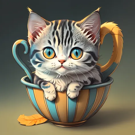 bright colored kitten sitting in a cup, cute detailed digital art, cute detailed artwork, cute digital art, adorable digital pai...