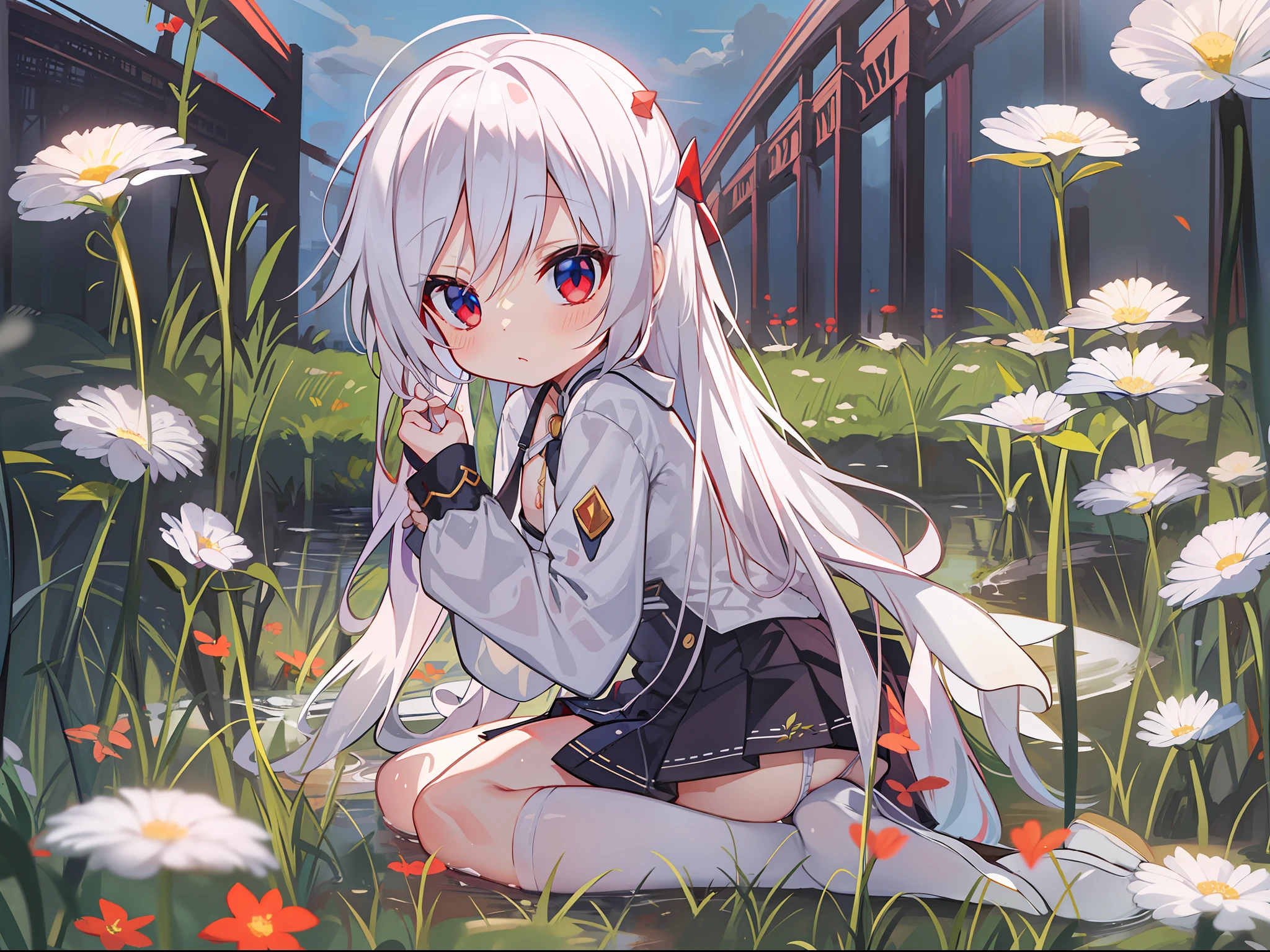 A small loli，A red eye，A blue eye，long  white hair，short  skirt，white stockings，Black round scalp shoes，Sit on grass，Spread your legs apart，white  panties，sunraise，small bridge flowing water，a flat chest，Arms behind you