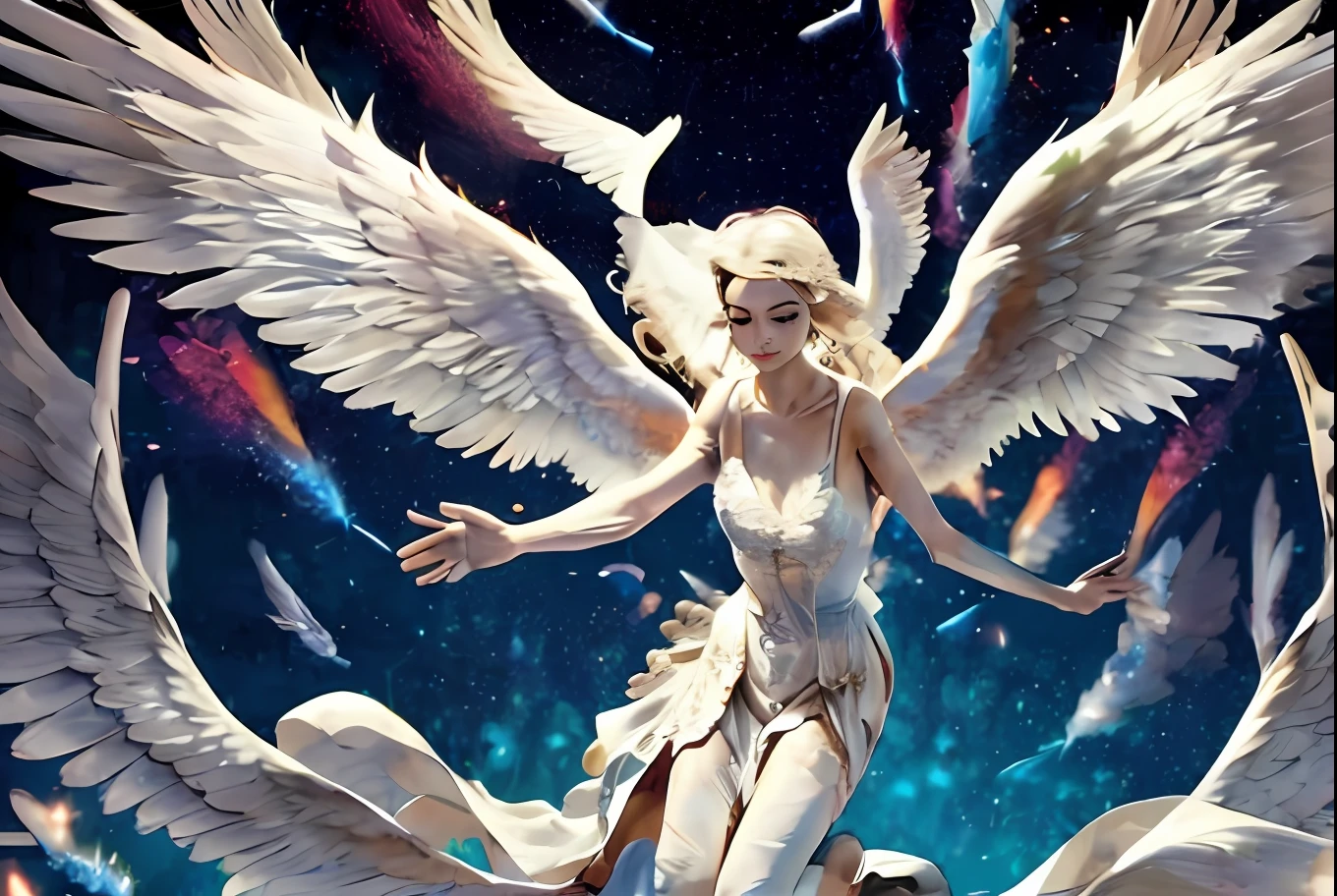 there is a woman that is flying in the air with a bird, female ascending into the sky, flying angels, with wings, spreading her wings, winged human, big angel wings wide open, girl with angel wings, icarus falling from the sky, she is approaching heaven, as a mystical valkyrie, with real wings, angel with black wings