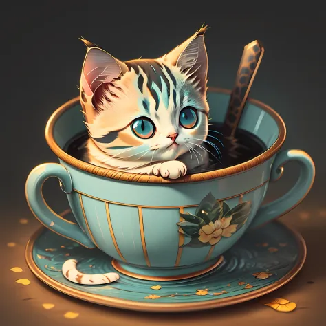 Bright colored kitten sitting in a cup, cute detailed digital art, cute detailed artwork, cute digital art, adorable digital pai...