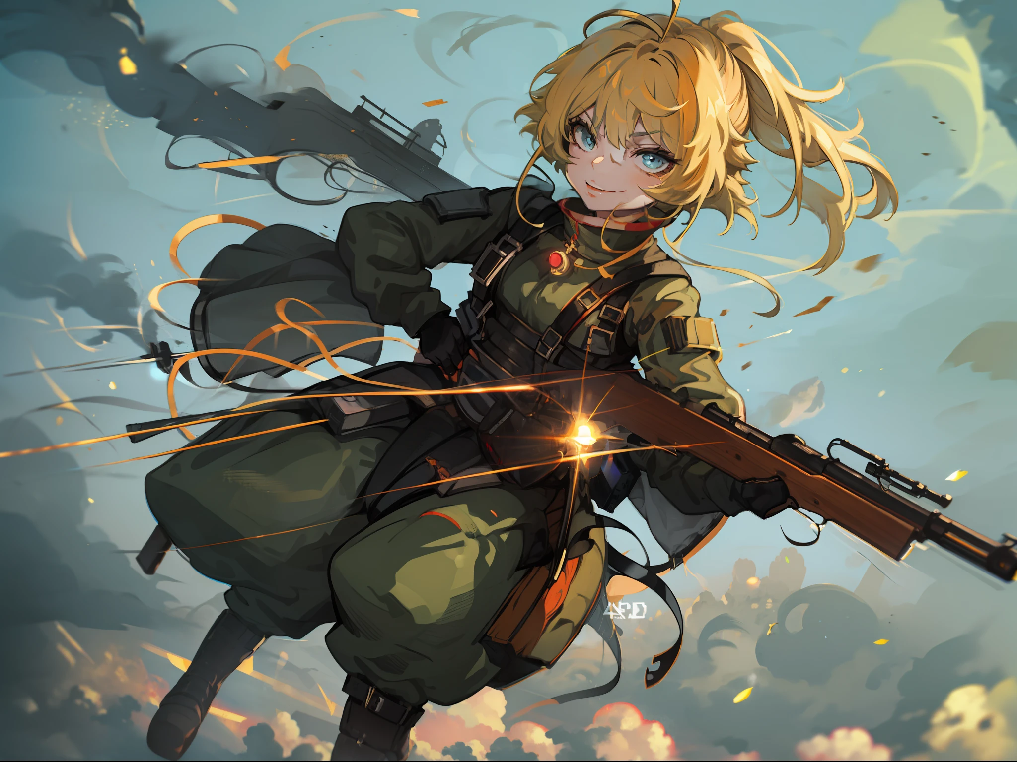 Tanya_degurechaff, Military armor, guns, with cannons behind, cloudy skies, badass, ((4k, masterpiece, high quality, detailed quality))