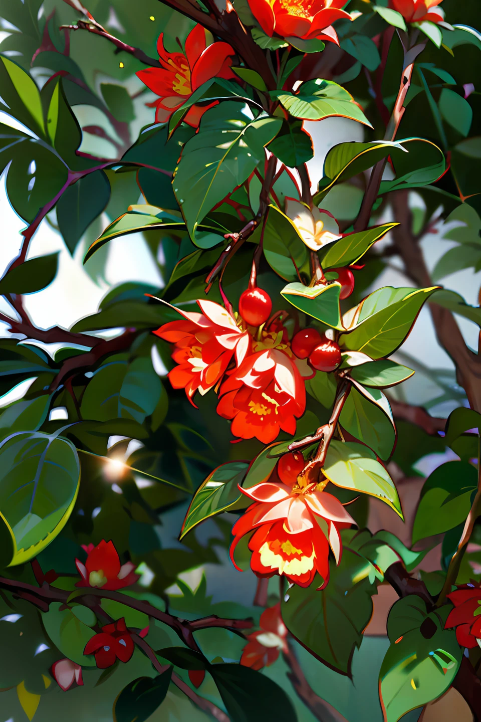Red ザクロ flowers，古代の風，中国の巨乳，ザクロ，花柄，緑色の葉，より詳細な照明
